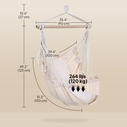 Hammock Chair Swing Hanging Macrame Chair Cotton w/ Two Soft Seat Cushions, for Bedroom Indoor Outdoor Ideal Gift for Kids Lover Birthday Present White