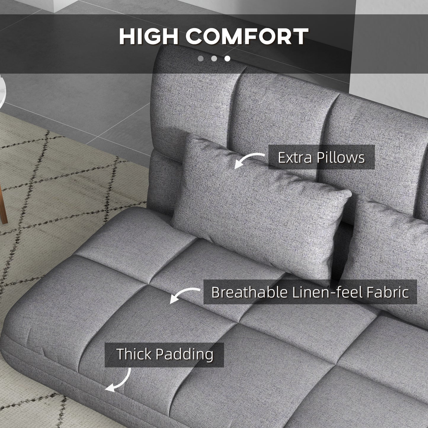 51" Folding Floor Sofa, Foldable 2-Seater Lazy Sofa Sleeper Bed, Adjustable Linen Floor Couch with 9-position Backrest, 2 Pillows and Wide Seat for Living Room, Grey