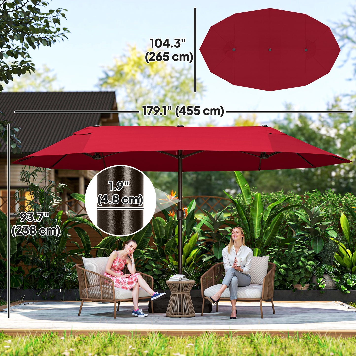 15' Outdoor Patio Umbrella with Twin Canopy Sunshade Steel Table Umbrella with Lift Crank, Cross base, Sandbag, Wine Red