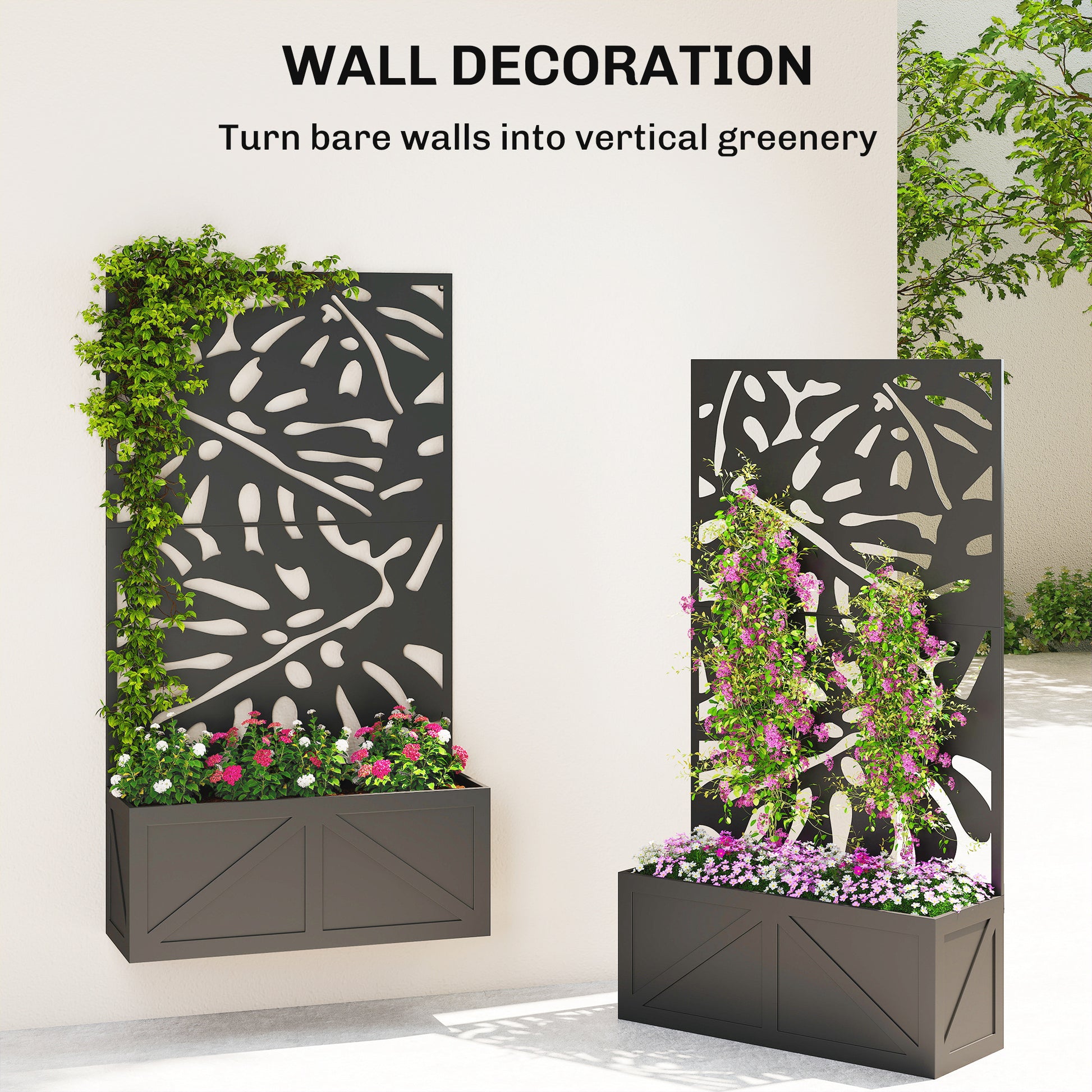 Metal Raised Garden Bed with Trellis for Climbing Plants, Freestanding or Wall Mounted Flower Bed with Privacy Panel