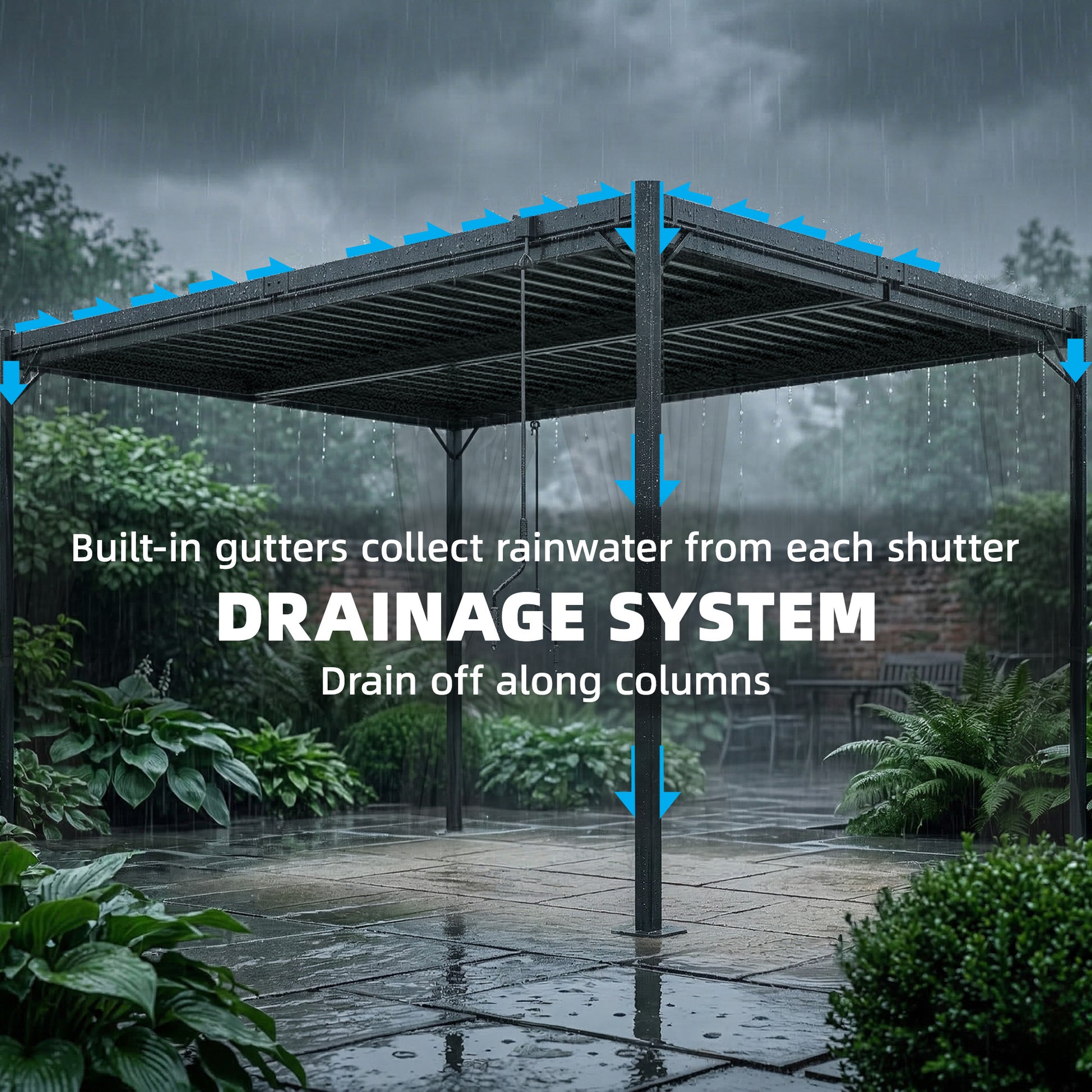 10 x 13 ft Louvered Pergola with Steel Roof, Curtains, Outdoor Metal Pergola Gazebo with Drainage Gutters, Grey