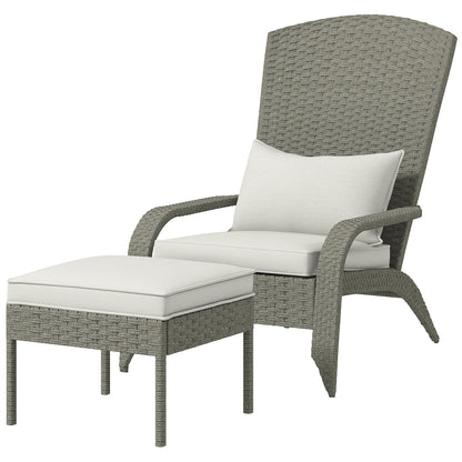 Wicker Adirondack Chair with Ottoman, Patio Cushioned Muskoka Chair, Outdoor Fire Pit Chair with High-back and Armrests, for Deck, Garden, Backyard, Grey/Cream White