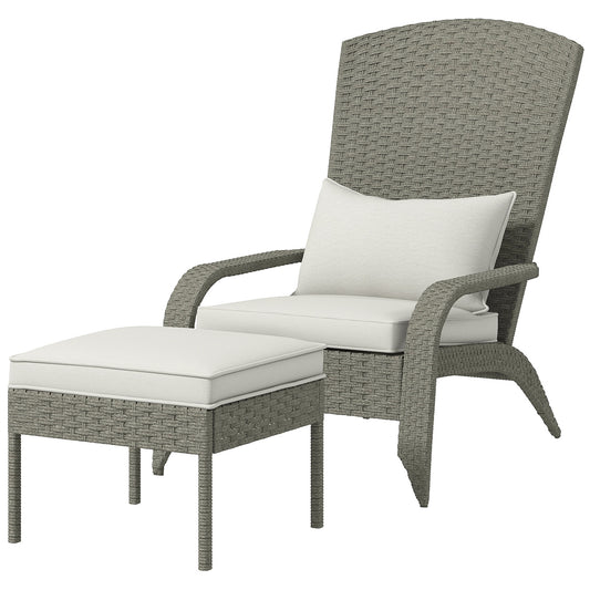 Wicker Adirondack Chair with Ottoman, Patio Cushioned Muskoka Chair, Outdoor Fire Pit Chair with High-back and Armrests, for Deck, Garden, Backyard, Grey/Cream White