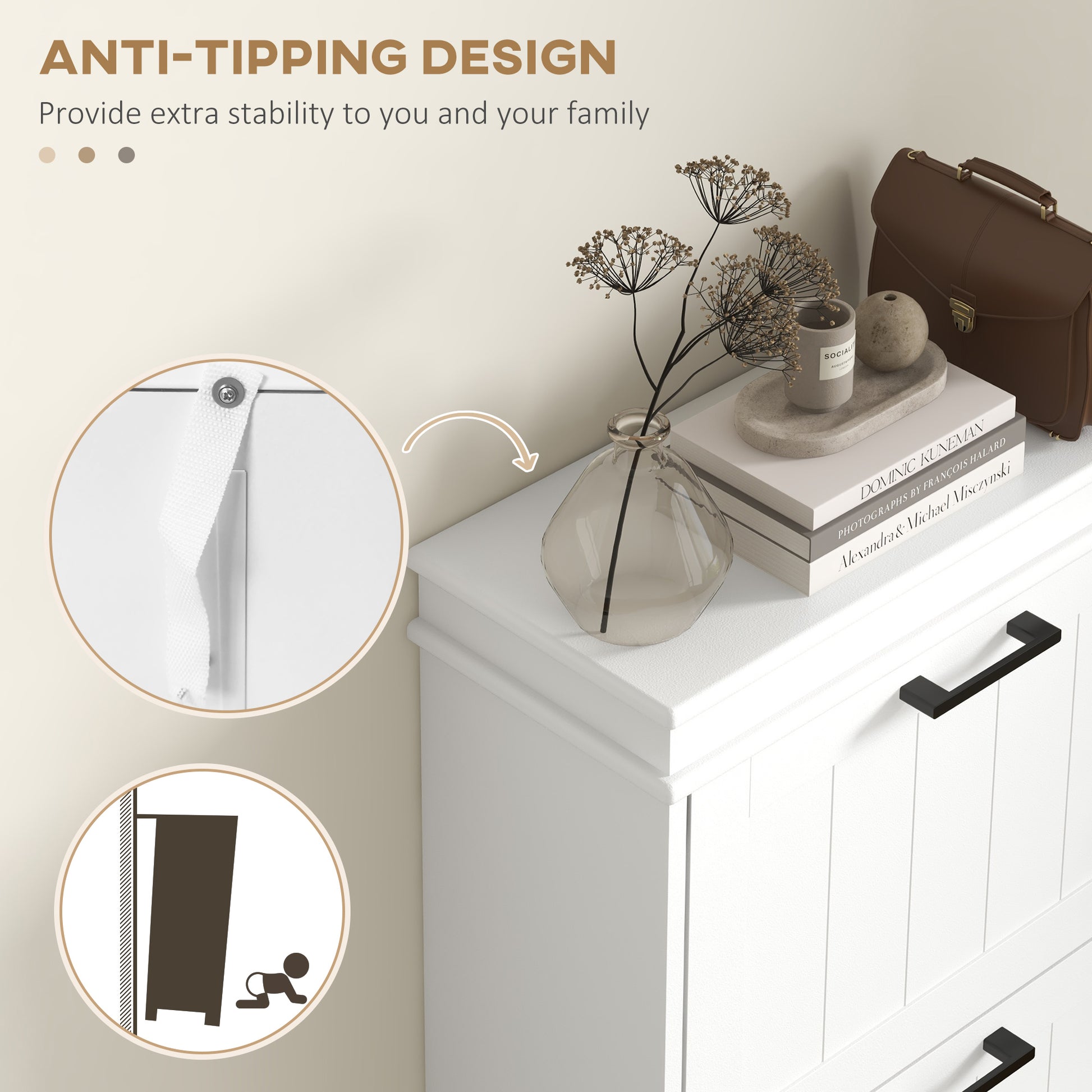 Slim Shoe Cabinet with 3 Flip Drawers and Adjustable Shelves, Narrow Shoe Cabinet for 15 Pairs of Shoes, White