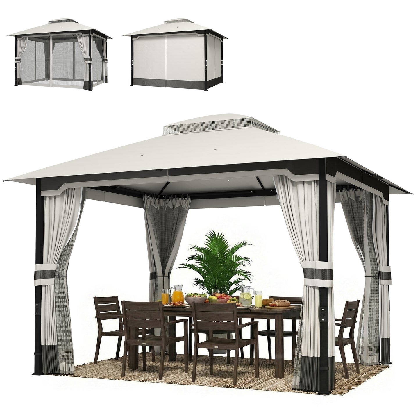 10' x 12' Patio Gazebo, Double Roof Outdoor Gazebo Canopy Shelter with Netting and Curtains, Steel Frame, Light Grey