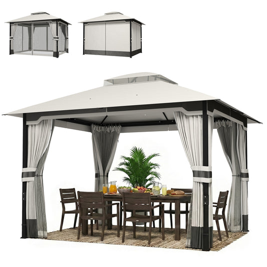 10' x 12' Patio Gazebo, Double Roof Outdoor Gazebo Canopy Shelter with Netting and Curtains, Steel Frame, Light Grey