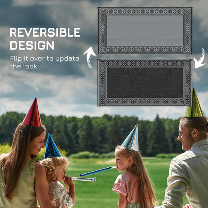 Portable Outdoor Rug with Carrying Bag, 9' x 18' Reversible Mat, Waterproof Plastic Straw RV Rug, Black and Grey