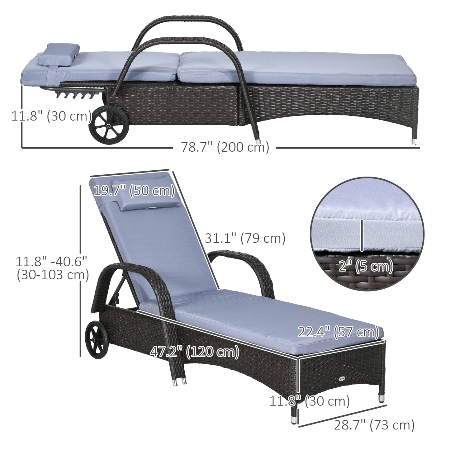 Outdoor Lounger, Deck Lounge Chair with Headrest, 5-Level Adjustable, Backrest, Wheels, Deep Coffee and Silver Grey