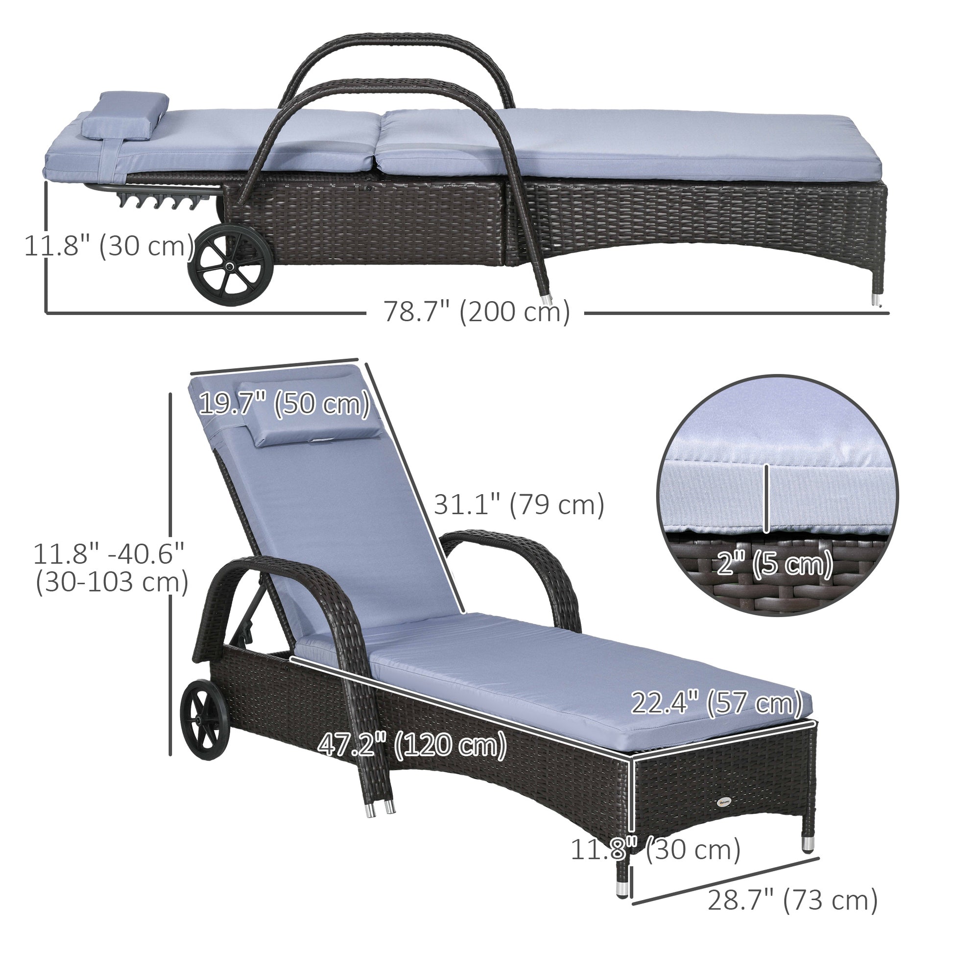 Outdoor Lounger, Deck Lounge Chair with Headrest, 5-Level Adjustable, Backrest, Wheels, Deep Coffee and Silver Grey