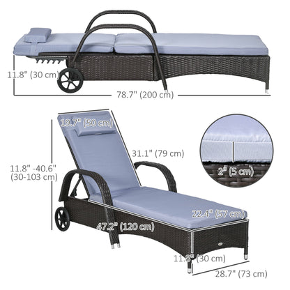 Outdoor Lounger, Deck Lounge Chair with Headrest, 5-Level Adjustable, Backrest, Wheels, Deep Coffee and Silver Grey
