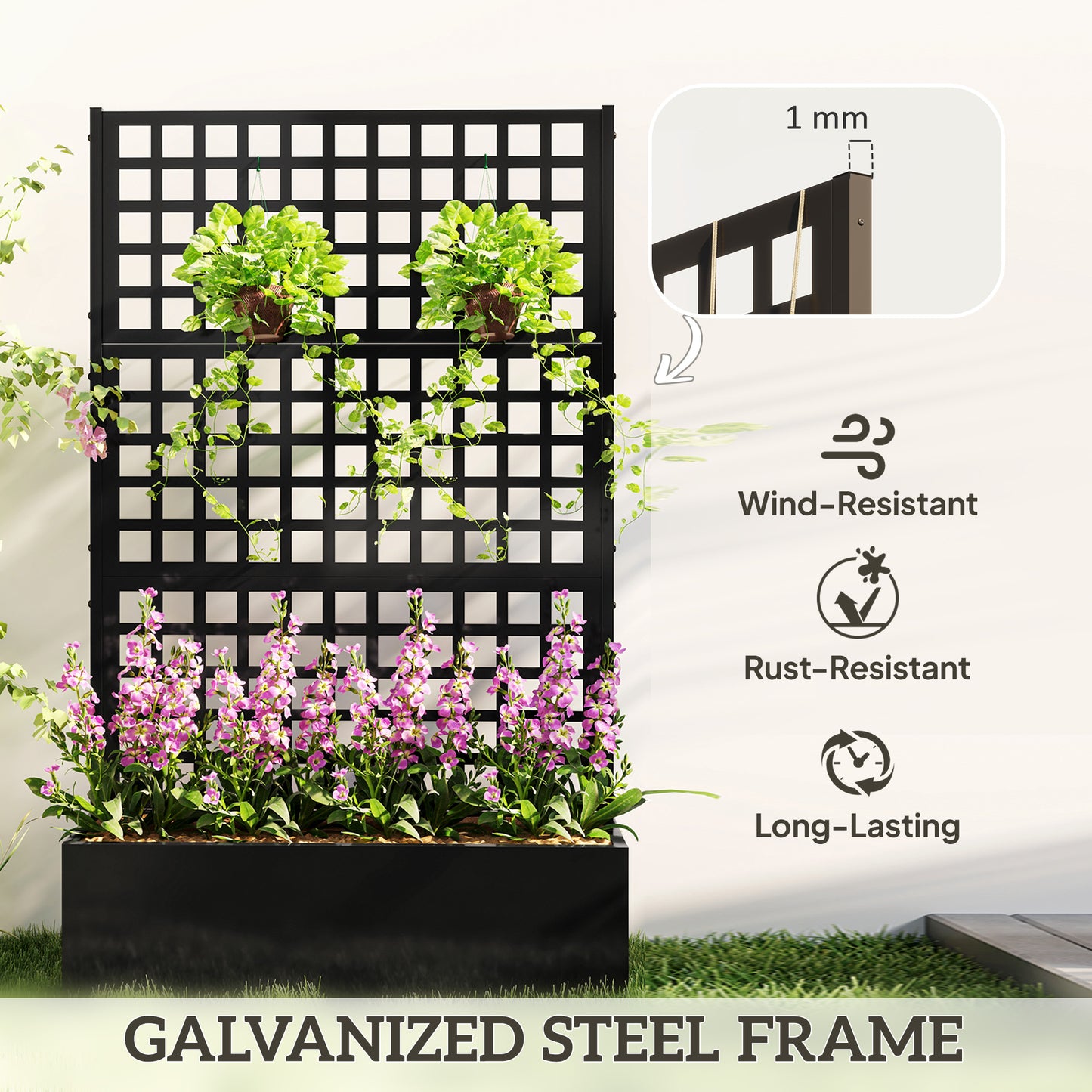 Galvanized Raised Garden Bed Planter Box with Trellis for Climbing Plants, Vegetables and Vines, Heavy-Duty Outdoor Garden Support Frame, 43" x 16" x 70"