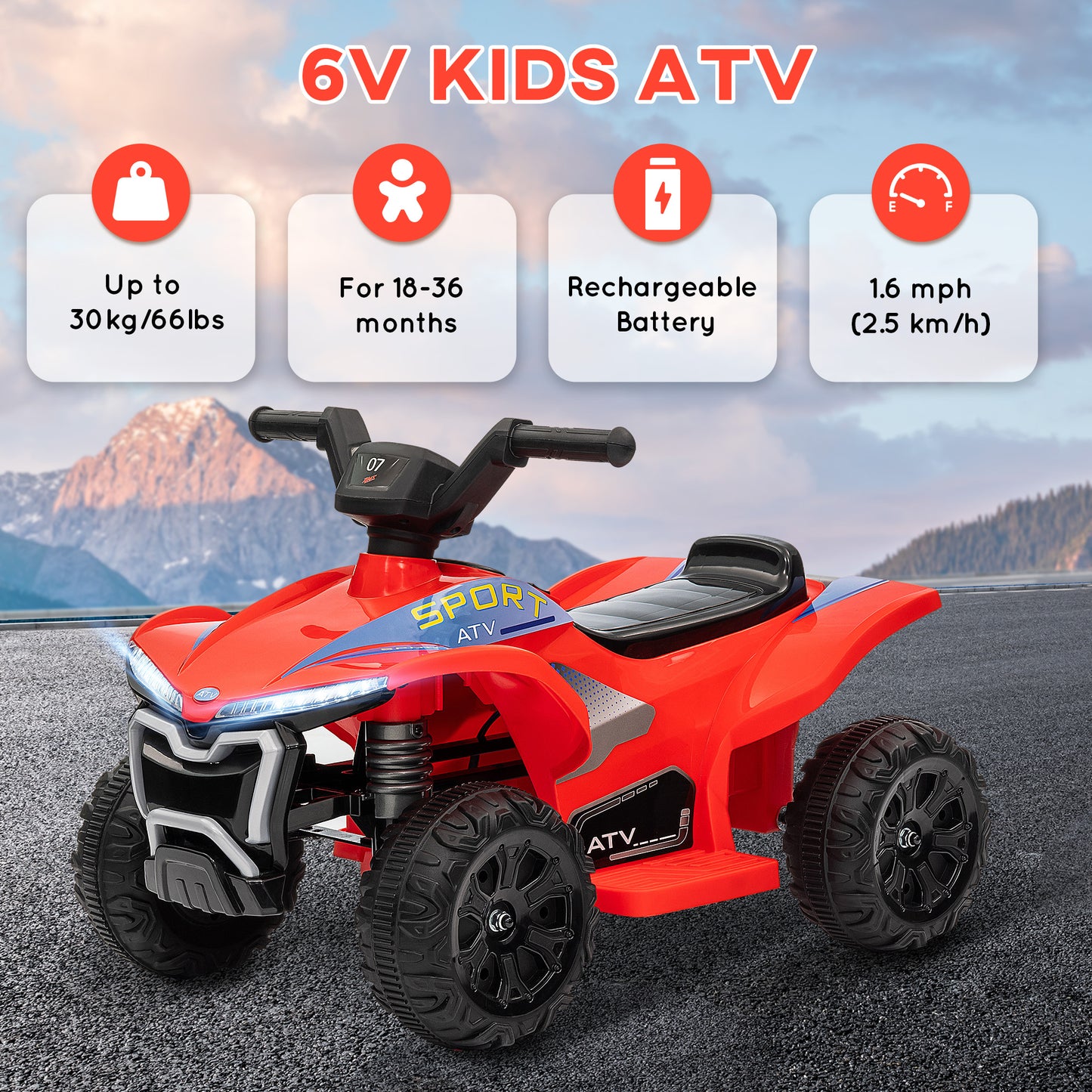 Qaba Kids ATV, 6V Battery Powered Electric Vehicle with Headlights, Music, Forward/Reverse Switch for 18-36 Months, Red