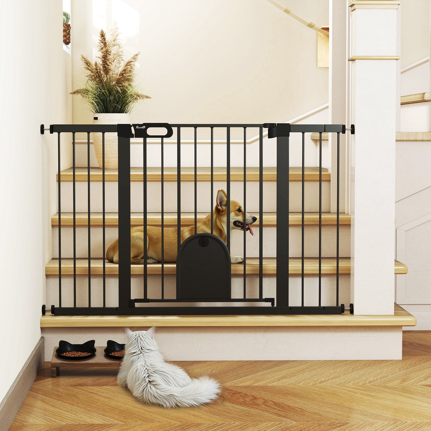 30"-52" Extra Wide Pet Gate Barrier with Small Door, 30"H Dog Gate with Safety Gate Barrier, Stair Pressure Fit, Black