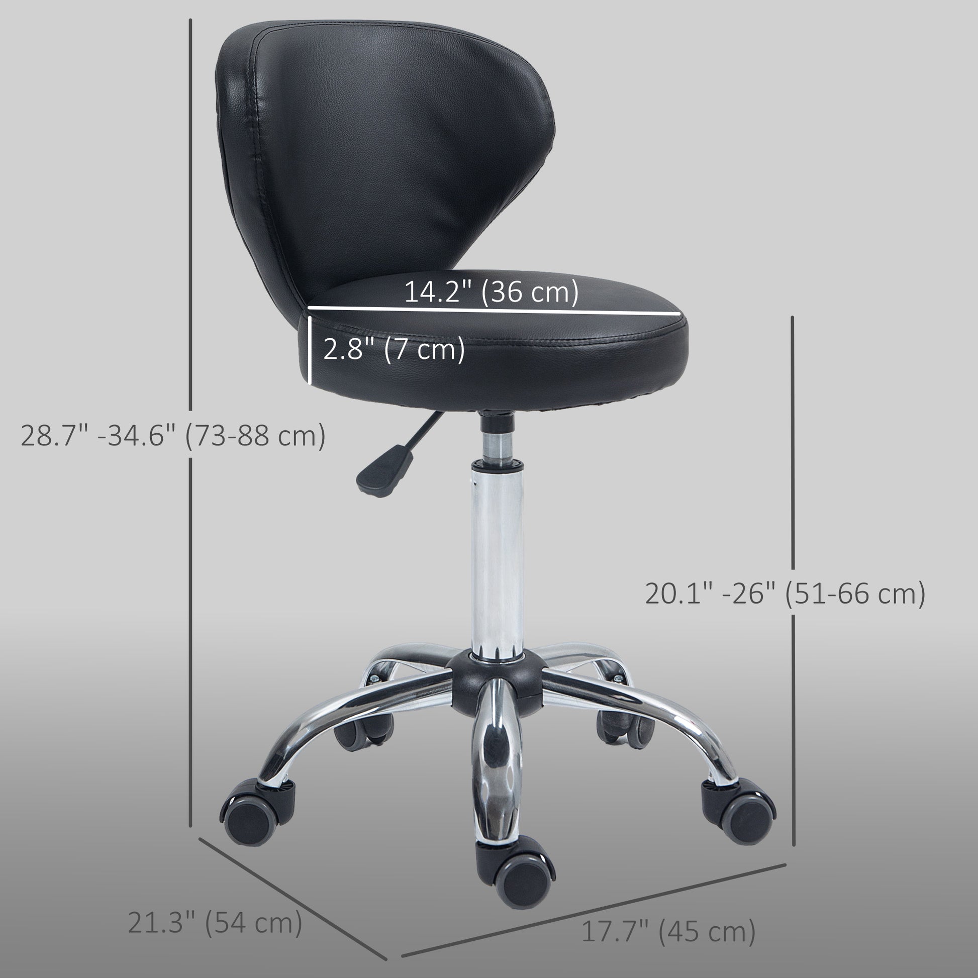 Adjustable Swivel Salon Stool with Backrest and Wheels, Office & Living Room Chair, Synthetic Leather, Black