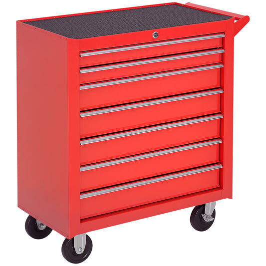 Rolling Tool Chest, 7-Drawer Lockable Tool Cabinet with 4 Wheels, Handle, Toolbox Storage Organizer for Garage, Workshop, Repair Shop, Red
