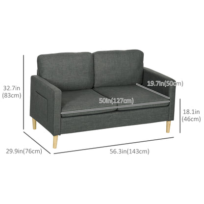 56" 2 Seat Sofa, Modern Love Seats Furniture, Upholstered 2 Seater Couch with Side Pockets, Solid Wood Frame, Grey