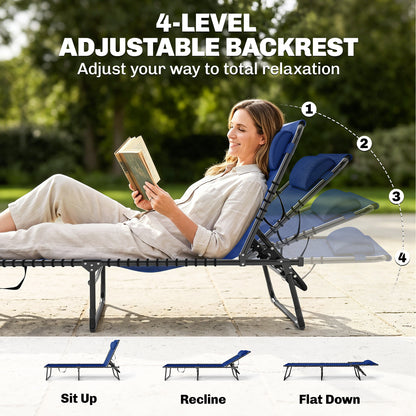 Outdoor Folding Lounge Chair, 4-Level Adjustable Chaise Lounge, Tanning Chair Beach Bed Reclining Lounger Cot for Camping, Hiking, Backyard, Navy Blue