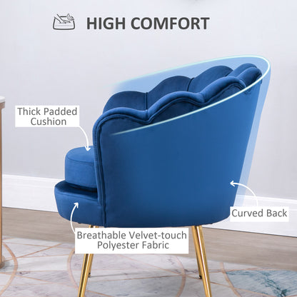 Modern Accent Chair, Velvet-Touch Fabric Leisure Club Chair with Gold Metal Legs for Bedroom, Blue