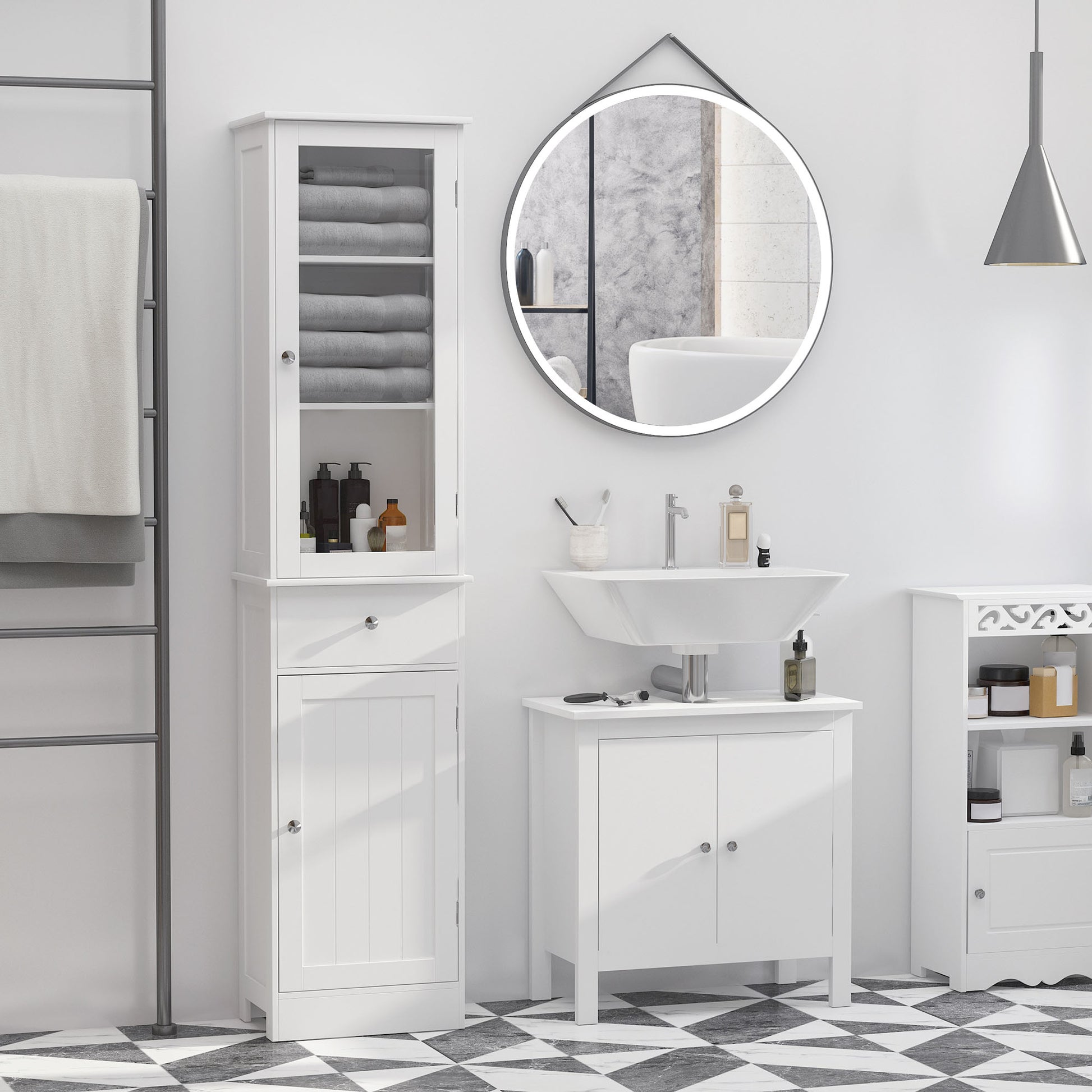 Tall Bathroom Cabinet, Bathroom Storage Cabinet with Drawers, 2 Doors and Adjustable Shelves, White