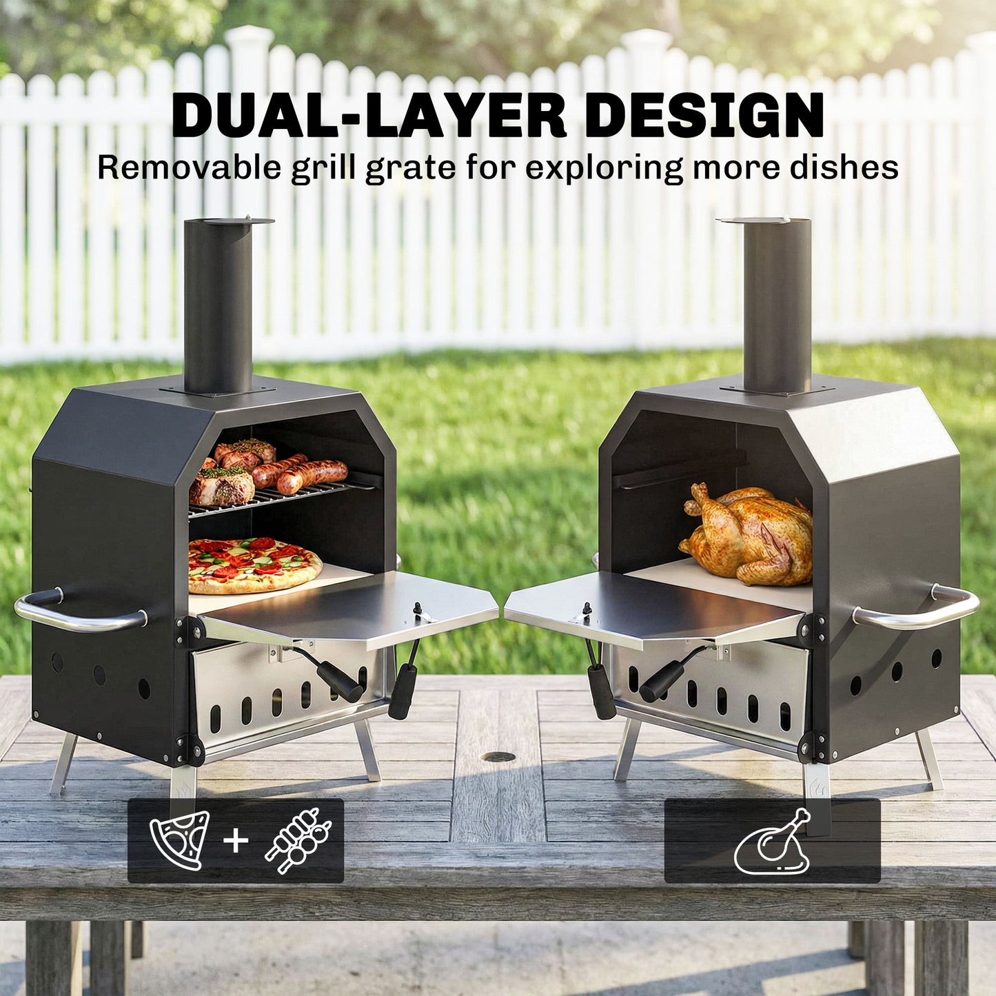 Outdoor Pizza Oven with 12" Pizza Stone, Peel, Wood Fired 2-Layer Stainless Steel Pizza Maker