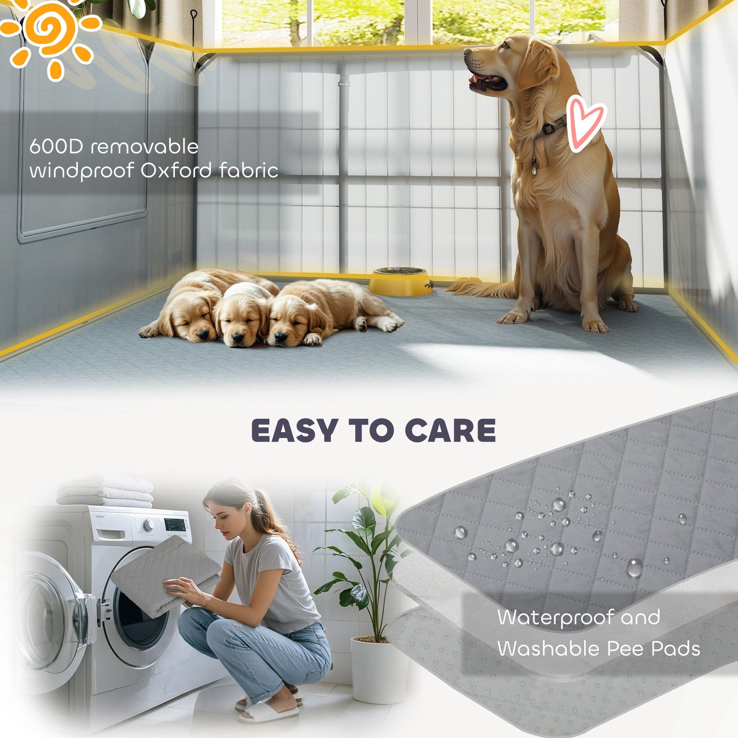 7 Panel Dog Whelping Box Convertible DIY Pet Playpen with Washable Pee Pads, 600D Oxford Fabric, 96" x 48" x 24"