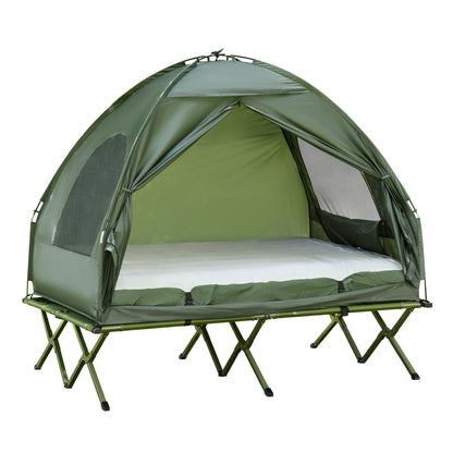 All in 1 Camping Combo Portable Folding Camping Tent Cot Air Mattress w/ Carry Bag and Pump Hiking Shelter Sleeping Bed Dark Green