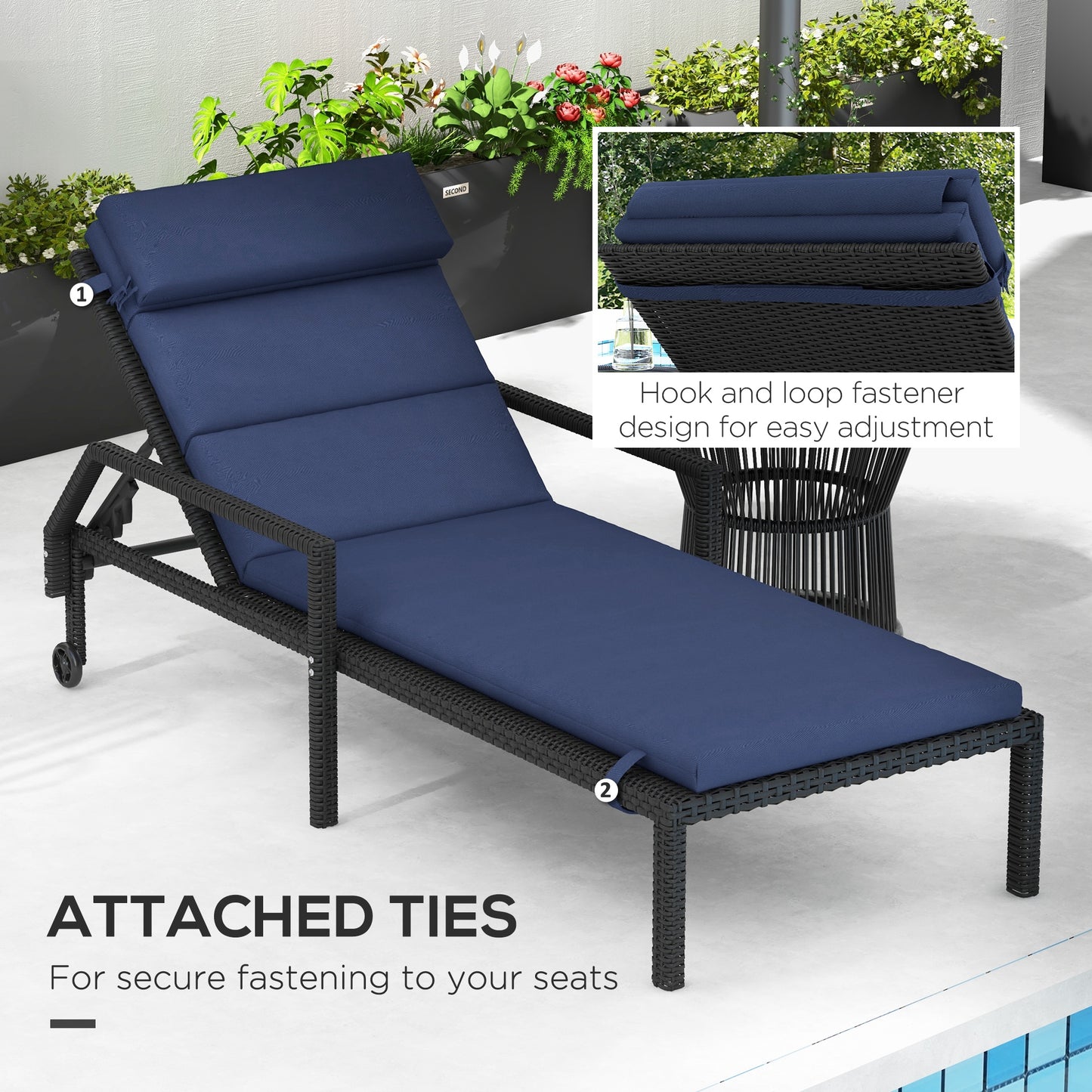 Patio Chaise Lounge Chair Cushions Replacement Sun Lounger Pads with Headrest and Ties, Set of 2, Dark Blue