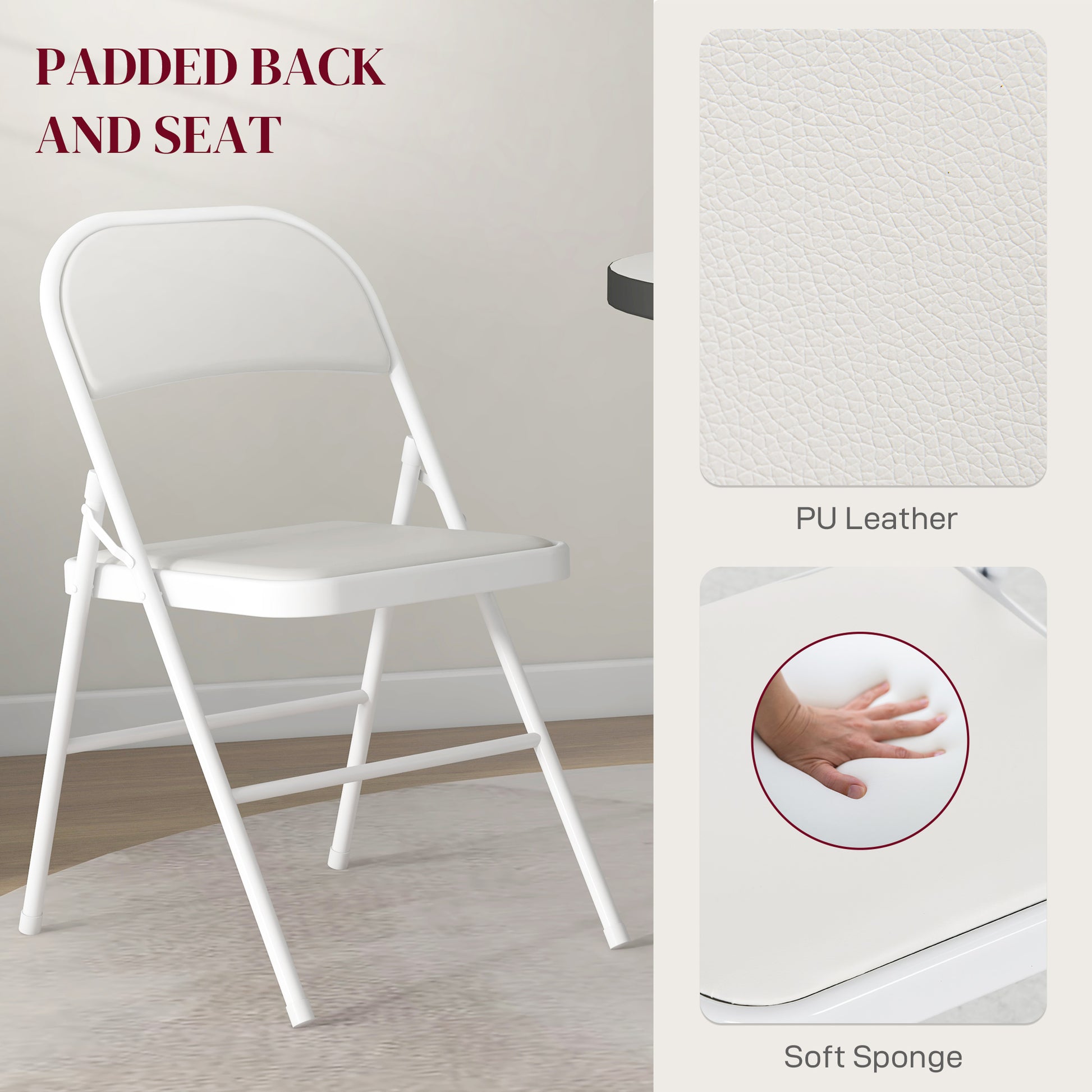 Set of 2 Metal Foldable Chairs, PU Leather Padded Folding Chairs with Cushion Seat and Open Back for Indoor, White