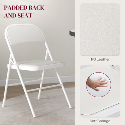 Set of 2 Metal Foldable Chairs, PU Leather Padded Folding Chairs with Cushion Seat and Open Back for Indoor, White