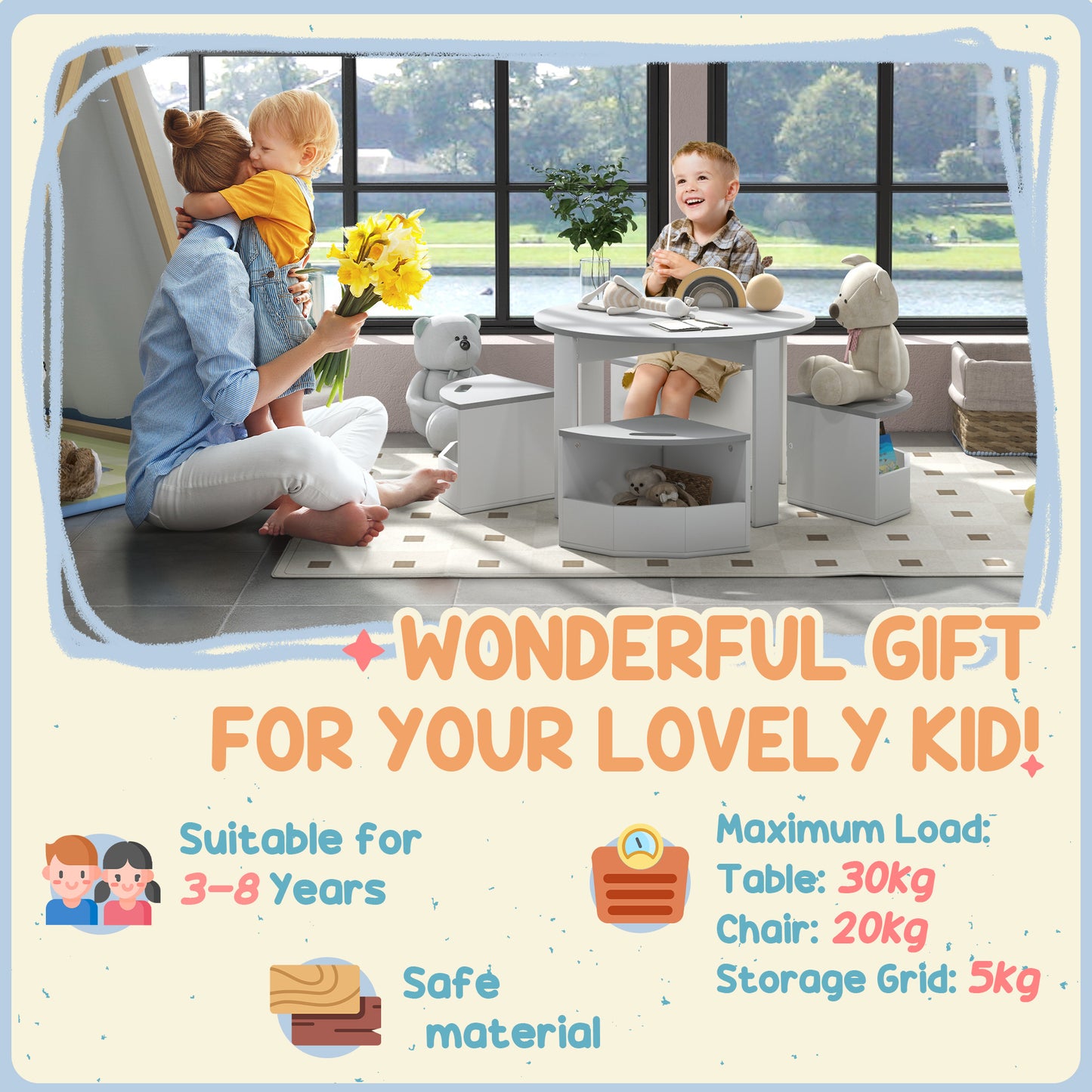 Qaba 5 Piece Kids Table and Chair Set with Storage for Kids Room, Grey