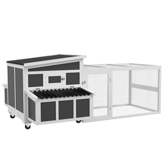 Wooden Chicken Coop, Rabbit Hutch with Large Run, Outdoor Poultry Cage with Nesting Box, Tray, Windows, Dark Grey