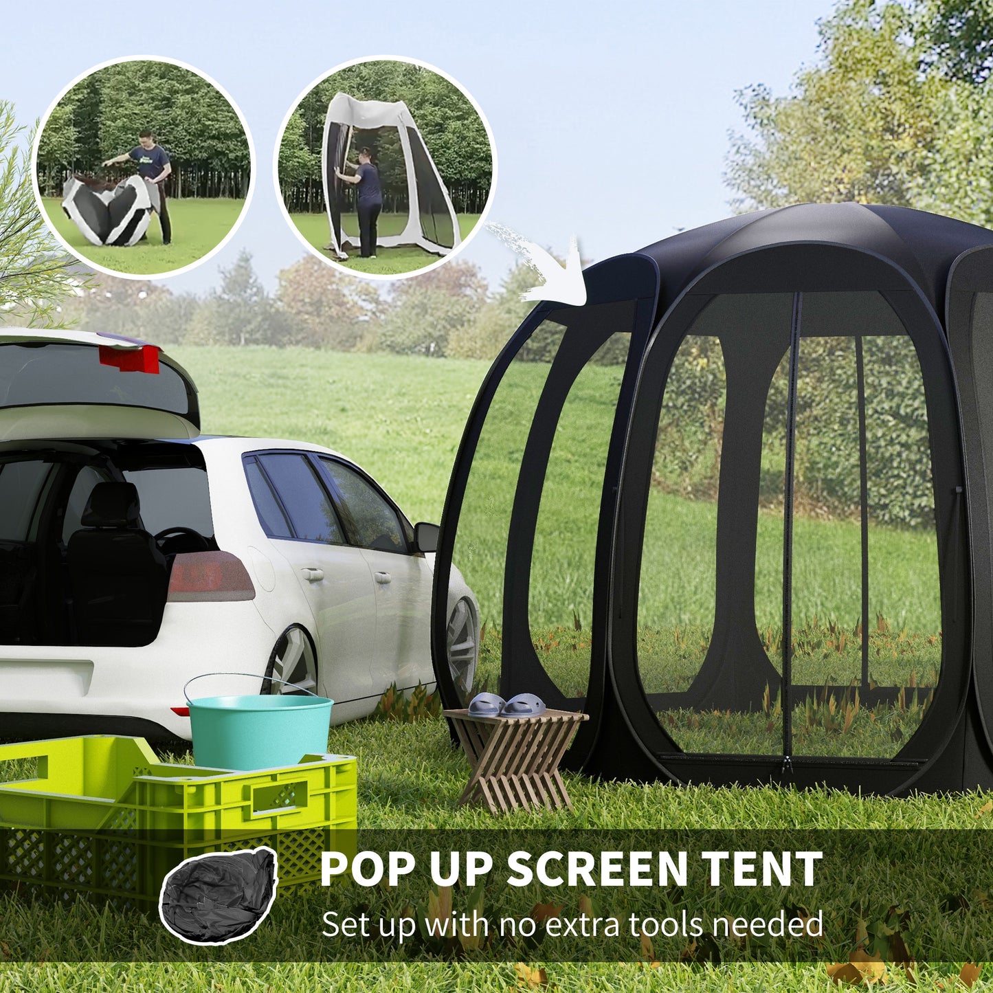 11' x 11.5' Screen Tent, Pop Up Camping Gazebo with Portable Carry Bag and 2 Doors, Black