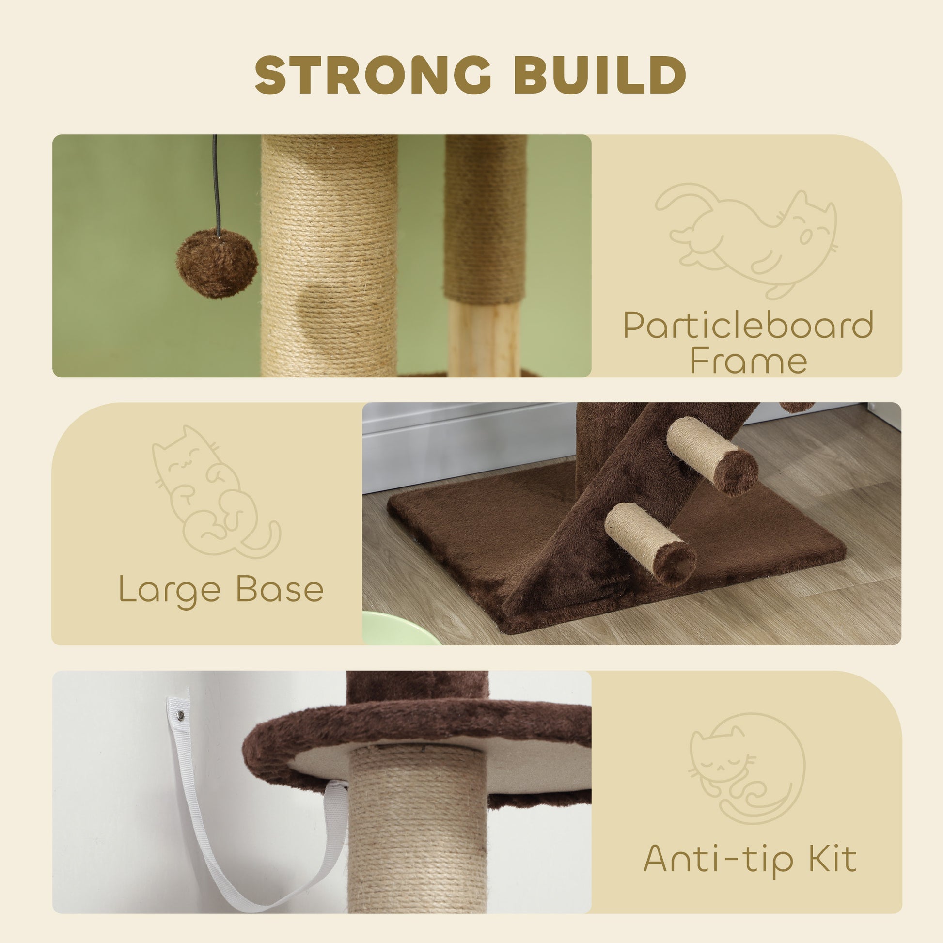89"-100" Floor to Ceiling Cat Tree with Scratching Post, Cat House, 3-Steps, Hanging Ball, Perches, Anti-tip Kit, Brown
