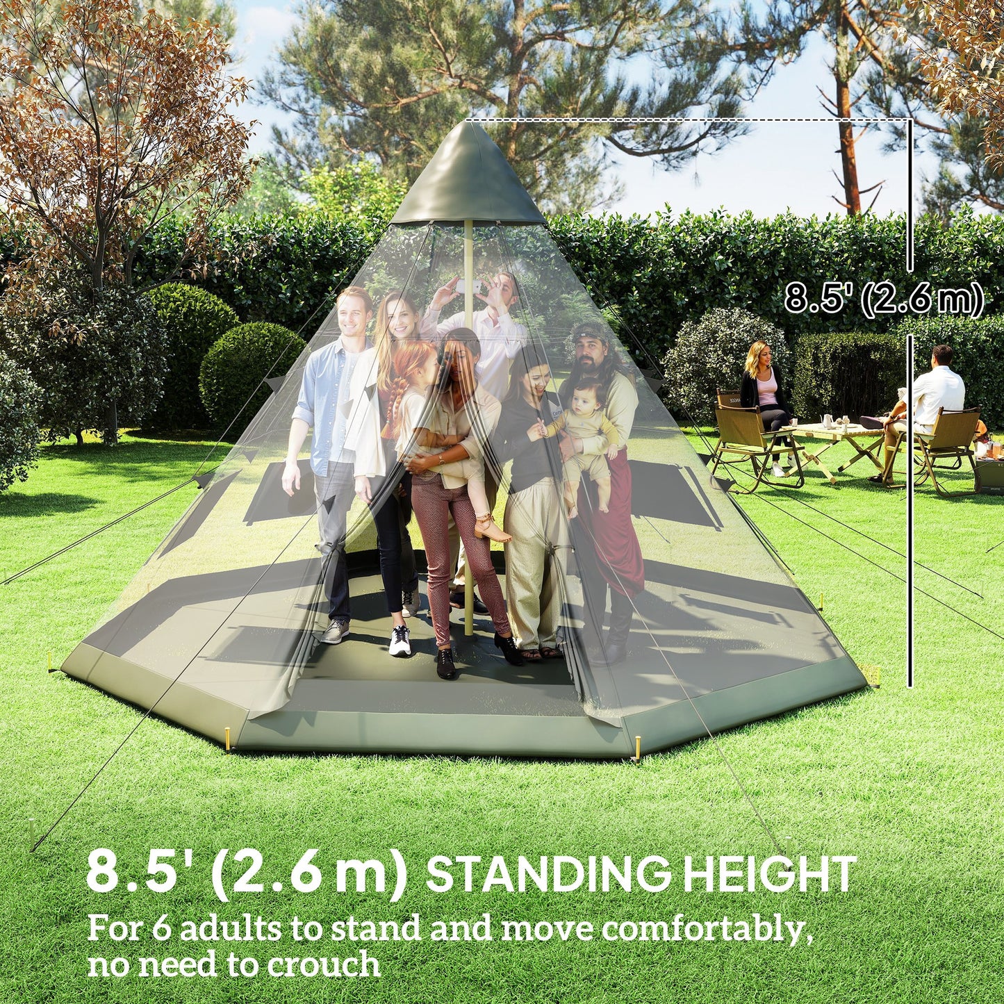 6 People Camping in a Family Teepee Tent with Mesh Windows, Tent Floor, Door and Carry Bag for Hiking, Picnic, Grey