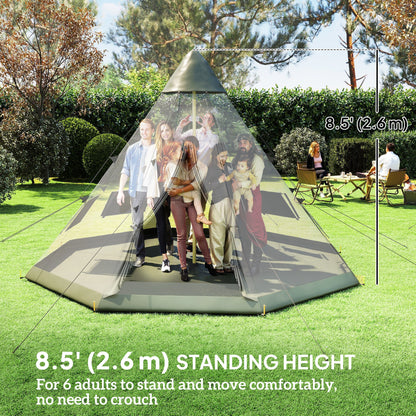 6 People Camping in a Family Teepee Tent with Mesh Windows, Tent Floor, Door and Carry Bag for Hiking, Picnic, Grey