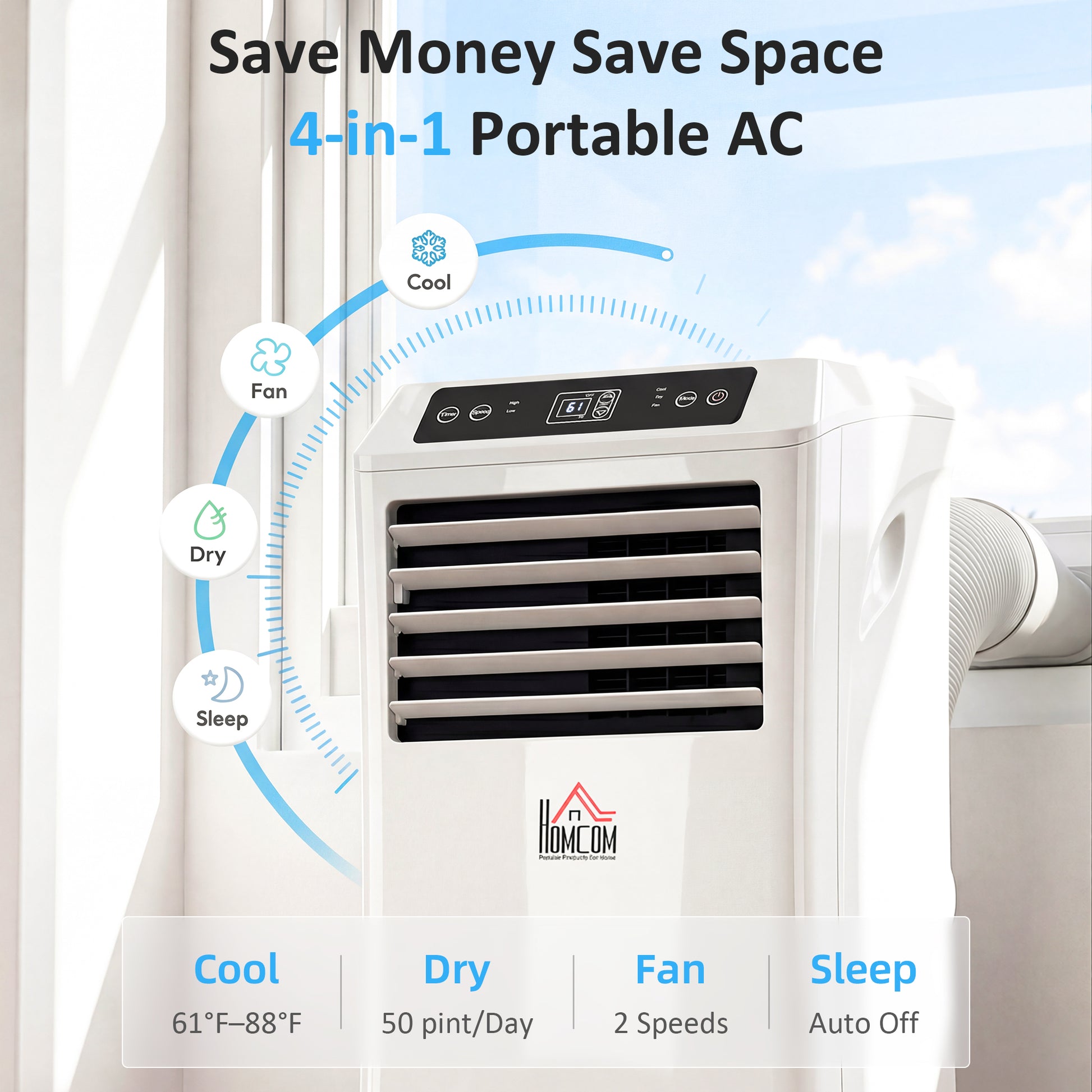 10,000BTU Mobile Portable Air Conditioner with Cooling, Dehumidifier, 2 Speed Fans, 24-Hour Timer for Bedroom, White