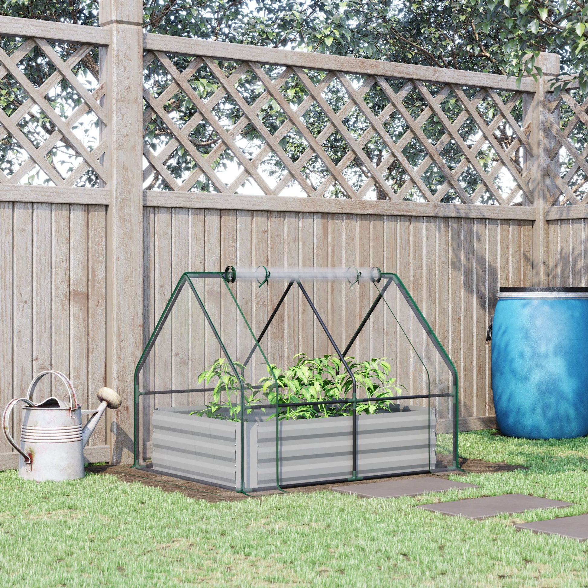 Steel Outdoor Raised Garden Bed with Greenhouse,Cover, Roll Up Door, Dual Use, 50"x37.4"x36.2", Clear