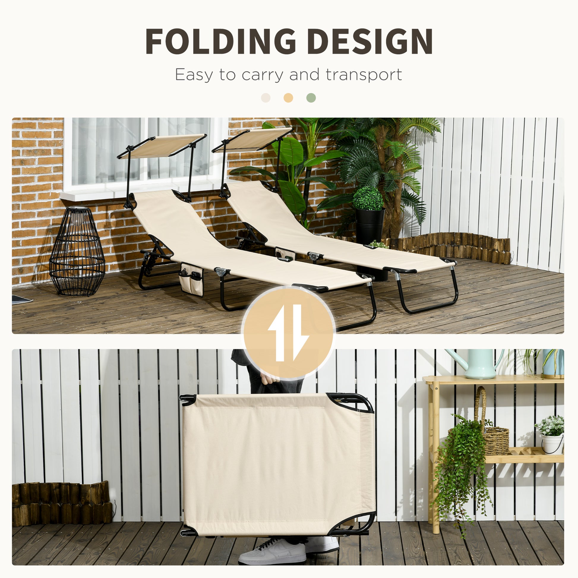 2 Piece Folding Outdoor Chaise Lounges, Pool, Sun, Tanning Chairs with Reclining Back, Sunshade for Beach, Patio, Tan
