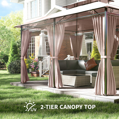 10' x 13' Patio Gazebo, Outdoor 2-Tiers Garden Canopy Yard Sunshade Shelter with Curtains, Khaki