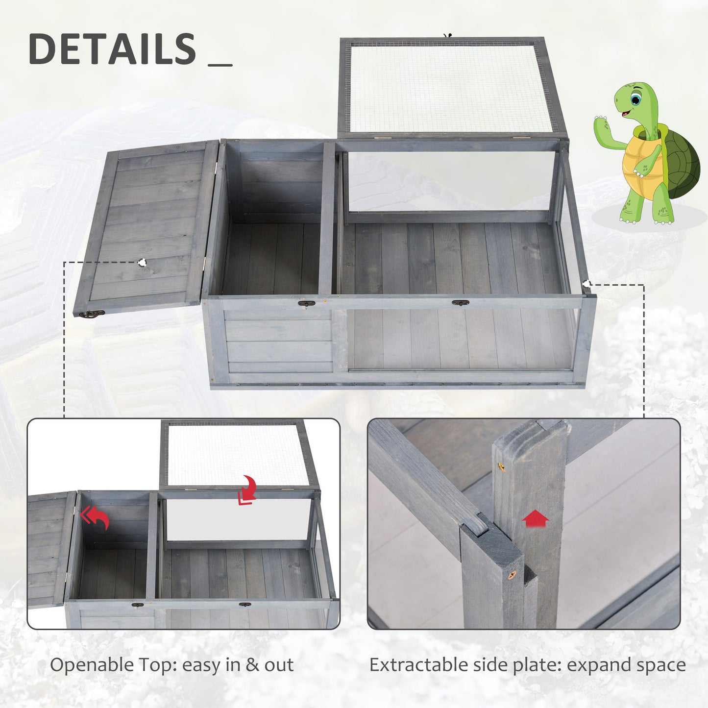Wood Tortoise House for Lizards, Geckos, Indoor Outdoor Use, 35.8" x 23.8" x 12.6", Grey