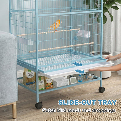 52'' Large Rolling Steel Bird Cage Bird House with Rolling Stand, Storage Shelf, Wood Perch, Food Container, Light Blue