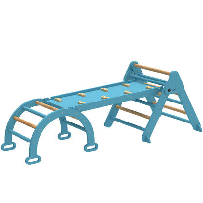 Qaba 7-in-1 Pikler Triangle Set, Foldable Wooden Climbing Toys with Arch, Ramp and Ladder for Toddlers 1-4 Years, Blue