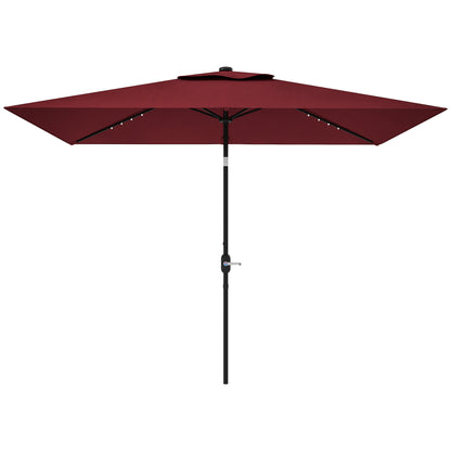 6' x 10' Patio Umbrella with 22 LED Solar Lights and Tilt, Rectangular Outdoor Table Umbrella with Crank, Wine Red