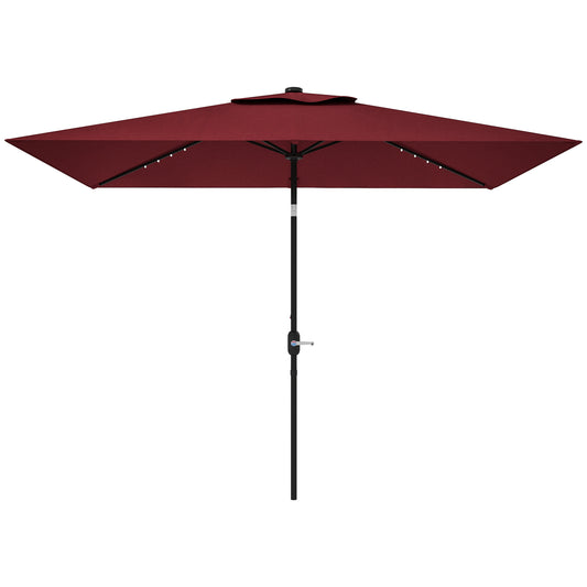 6' x 10' Patio Umbrella with 22 LED Solar Lights and Tilt, Rectangular Outdoor Table Umbrella with Crank, Wine Red