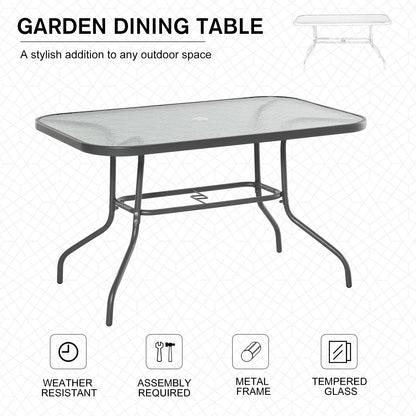 Metal Garden Dining Table with Umbrella Hole, Outdoor Patio Table with Tempered Glass Top, 47.25" x 31.5"