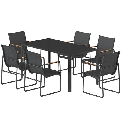 7 Pieces Outdoor Dining Set for 6, Glass Patio Table and Chairs with Decorative Armrests, All Weather Mesh, Black