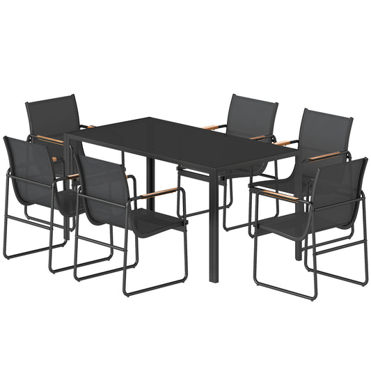 7 Pieces Outdoor Dining Set for 6, Glass Patio Table and Chairs with Decorative Armrests, All Weather Mesh, Black