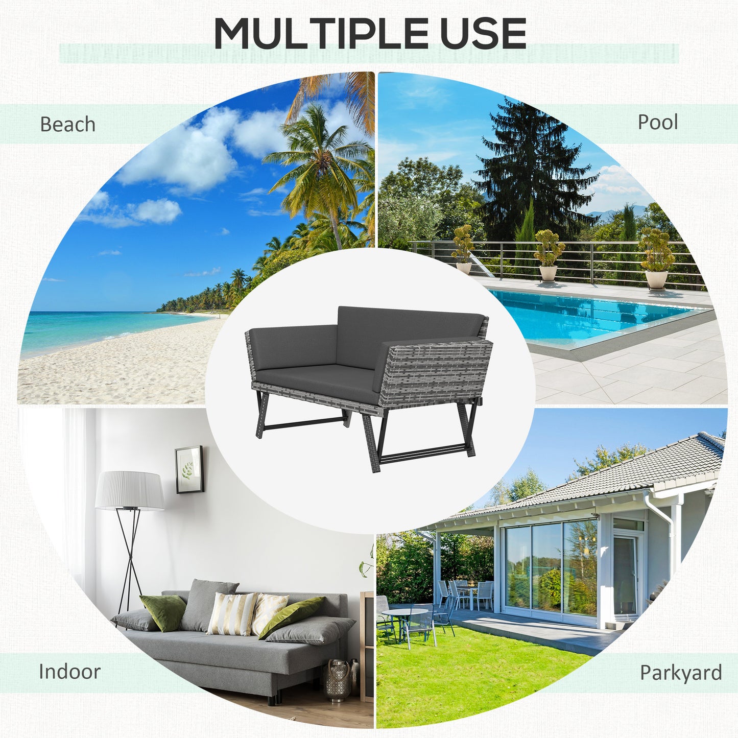 Convertible Wicker Loveseat Grey Patio Chaise Lounge