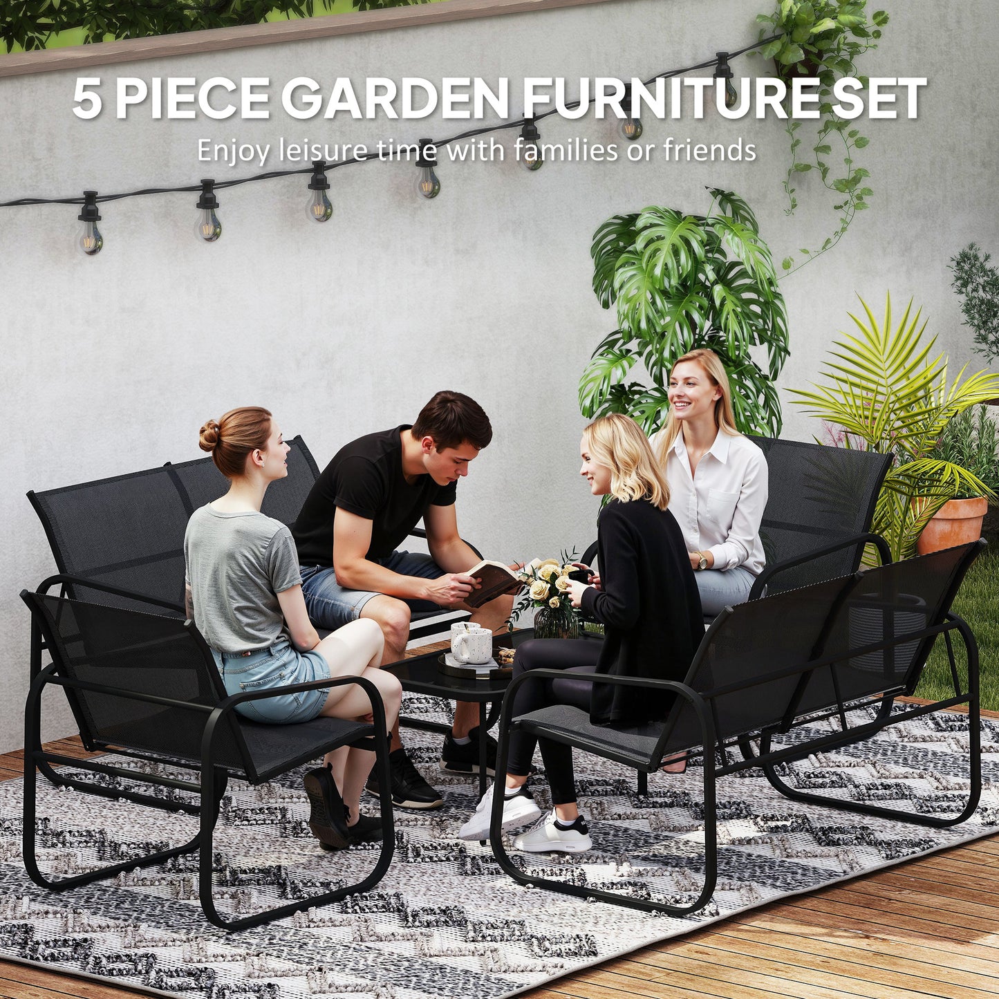 5-Piece Patio Furniture Set, Outdoor Conversation Set with 2 Loveseats, 2 Armchairs, Glass-Top Table, Black