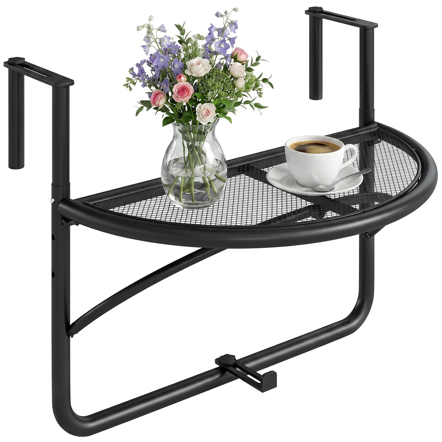 Adjustable Balcony Hanging Rail Table Metal Mounting Mini Wall Desk Storage Rack Outdoor Flower Stand, Black